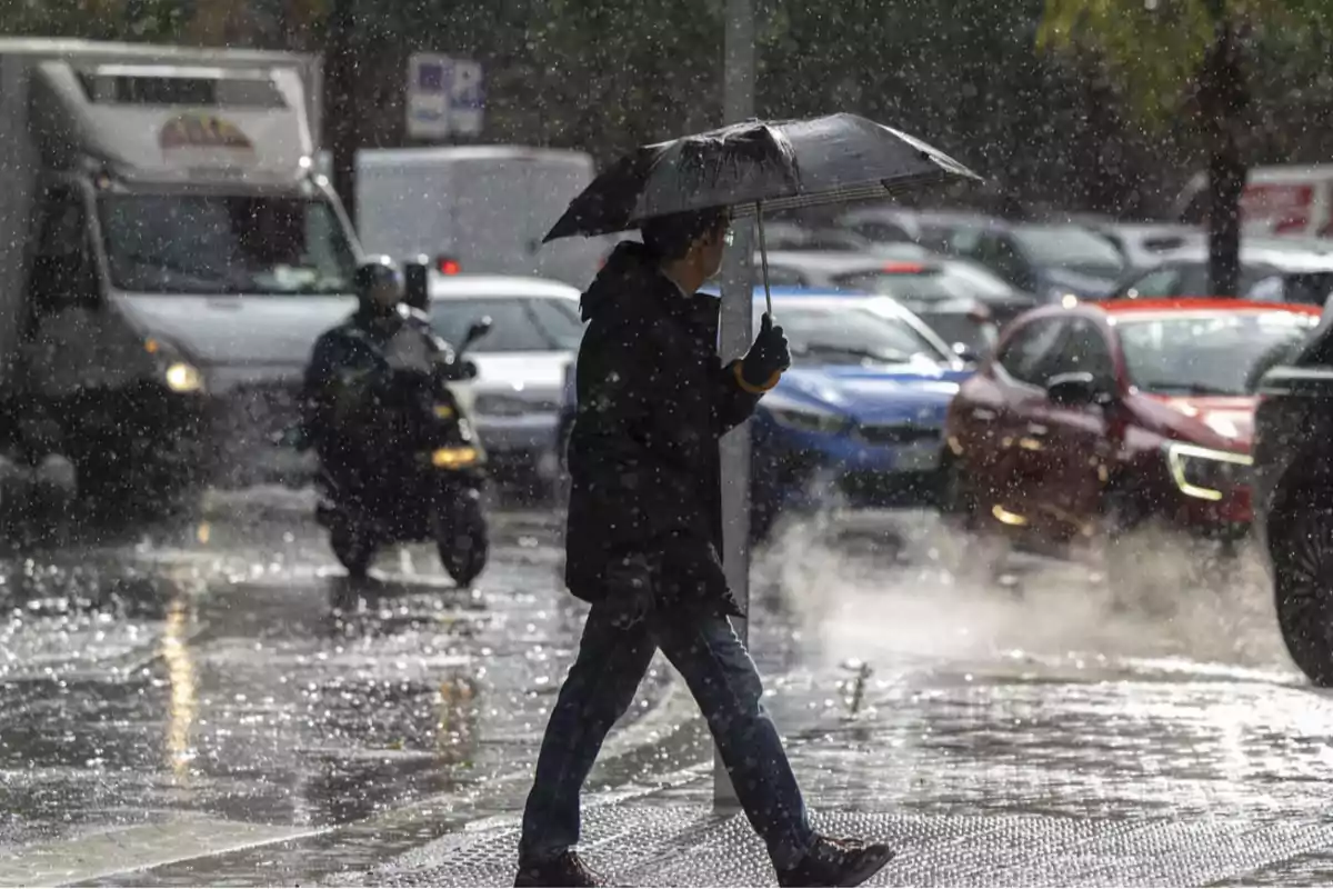 Una persona camina bajo la lluvia con un paraguas mientras el tráfico pasa por la calle.