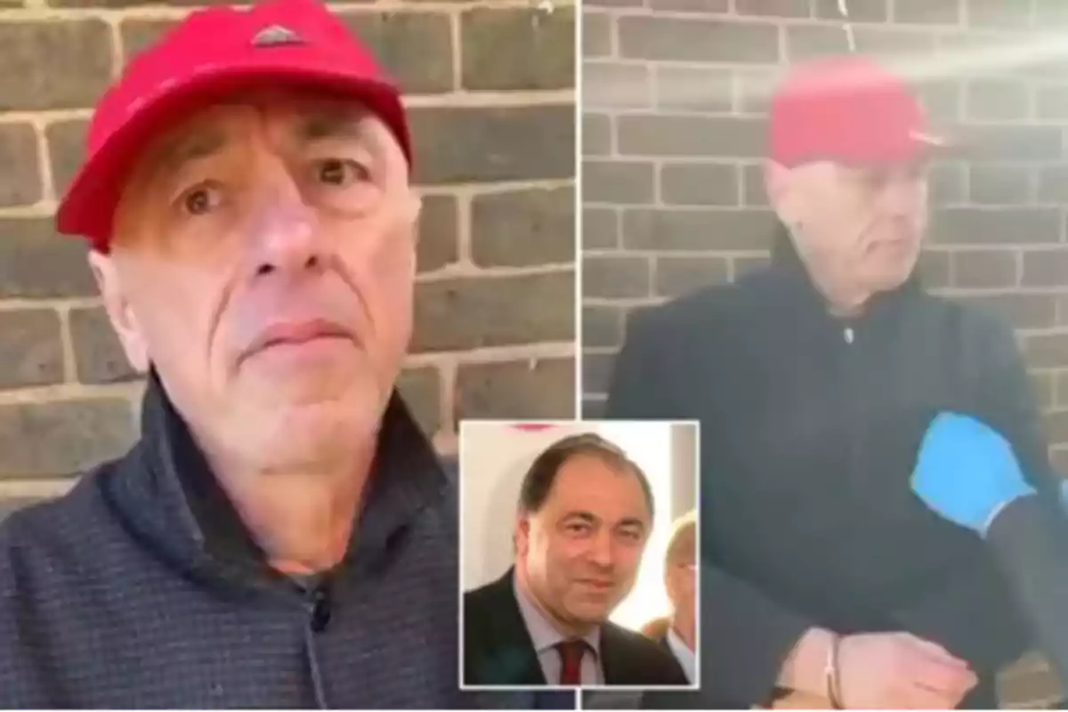 Hombre con gorra roja y chaqueta oscura frente a una pared de ladrillos, con una imagen insertada de otra persona.