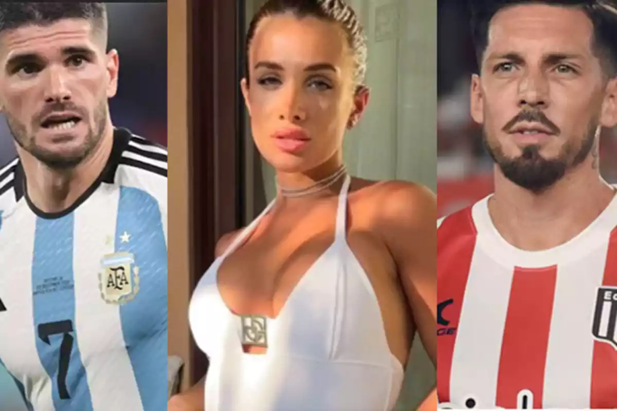 Tres personas posan en una imagen dividida en tres secciones, la persona de la izquierda lleva una camiseta de fútbol de Argentina, la persona en el centro lleva un vestido blanco y la persona de la derecha lleva una camiseta de fútbol con rayas rojas y blancas.