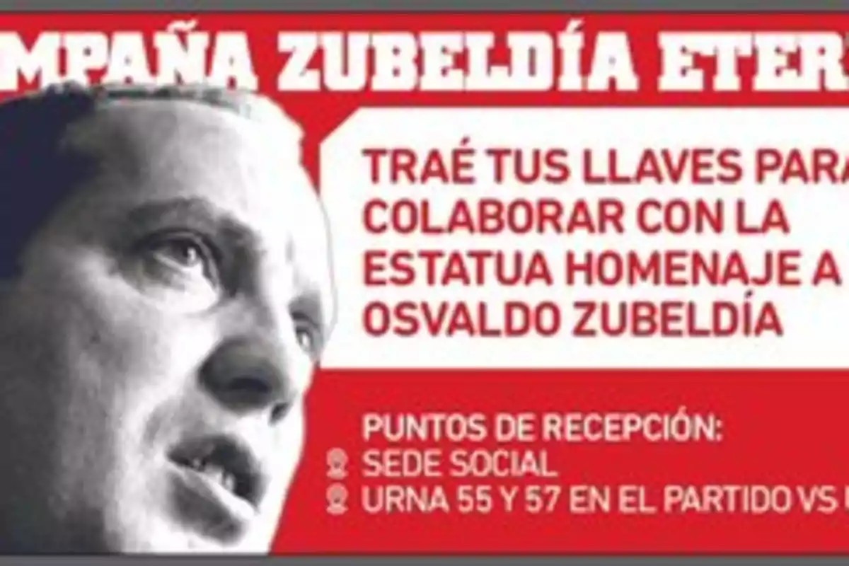 Cartel de campaña para colaborar con la estatua homenaje a Osvaldo Zubeldía, con puntos de recepción en la sede social y en el partido.