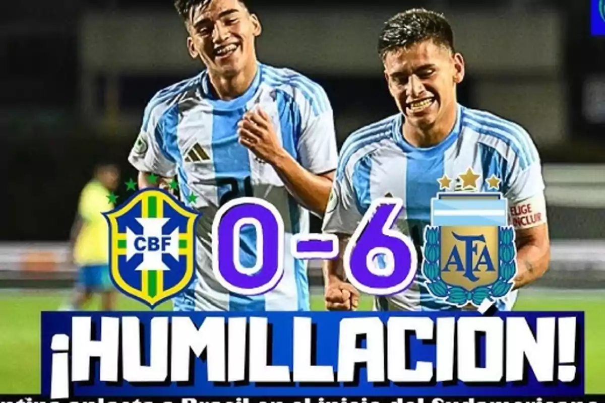 Jugadores de fútbol con camisetas de Argentina celebrando una victoria con marcador 0-6 contra Brasil, con texto que dice "¡Humillación!".