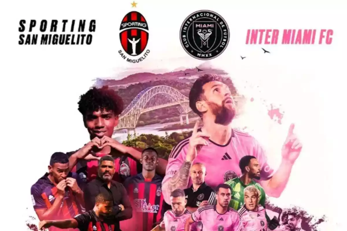 La imagen muestra un collage de jugadores de fútbol de los equipos Sporting San Miguelito e Inter Miami FC, con sus respectivos logotipos y un puente de fondo.