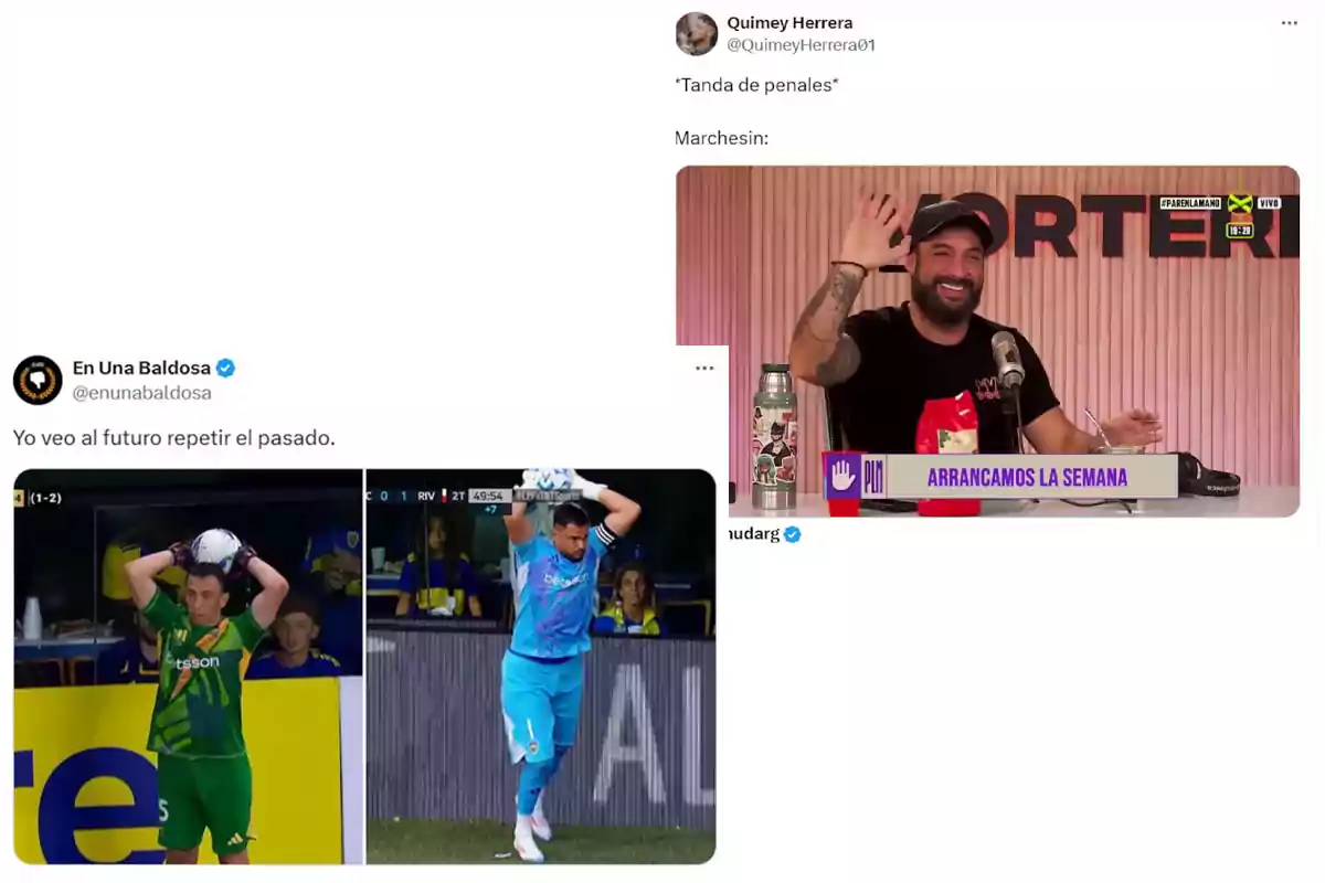 Dos publicaciones de Twitter, una muestra a un jugador de fútbol preparándose para un saque de banda y la otra a un hombre en un estudio de grabación levantando la mano, con texto humorístico sobre una tanda de penales.