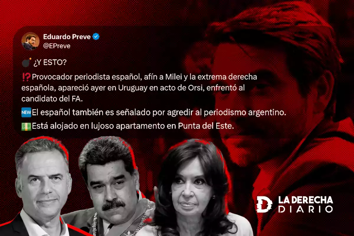 Imagen con un fondo rojo y negro que muestra un tuit de Eduardo Preve sobre un periodista español relacionado con la extrema derecha, junto a imágenes de tres figuras políticas en blanco y negro.