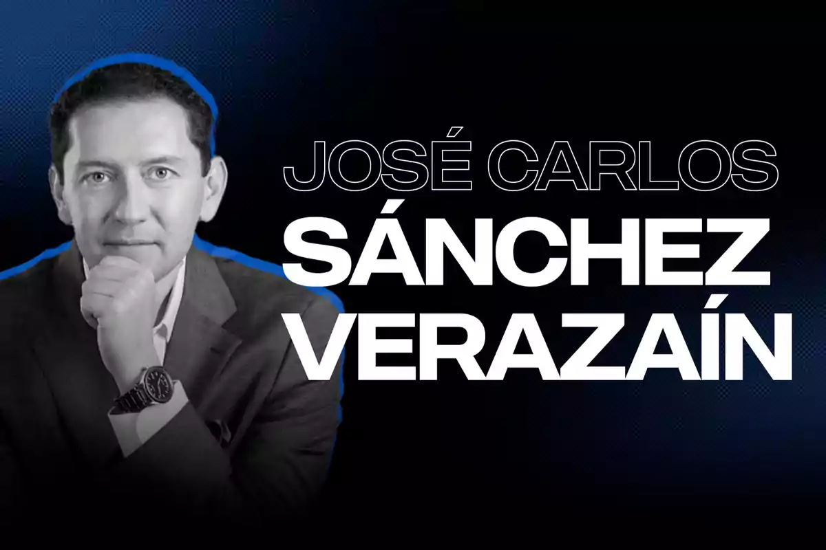 Un hombre en traje con la mano en el mentón sobre un fondo oscuro con texto que dice "José Carlos Sánchez Verazaín".