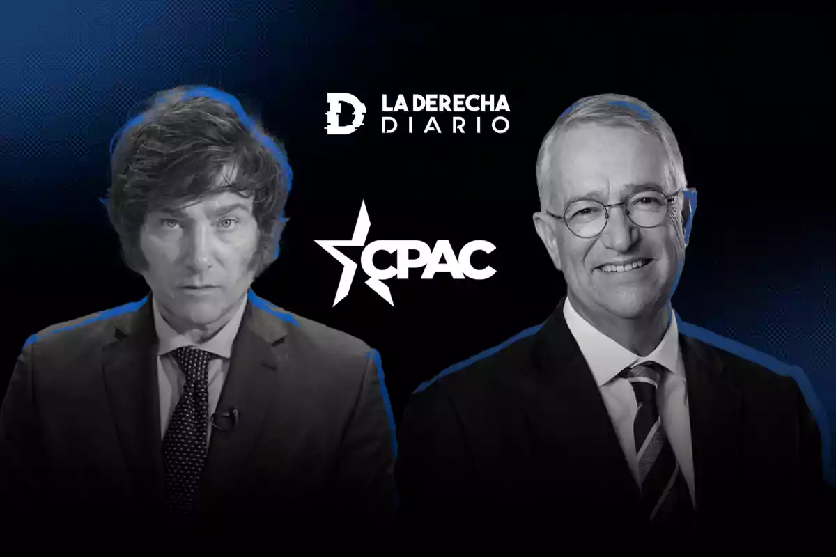 Dos hombres en traje con logotipos de "La Derecha Diario" y "CPAC" sobre un fondo oscuro.