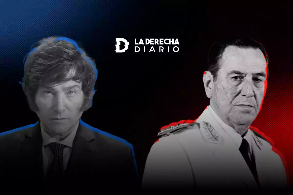 Dos hombres en blanco y negro con bordes de color azul y rojo, con el logo de "La Derecha Diario" en el centro sobre un fondo oscuro.