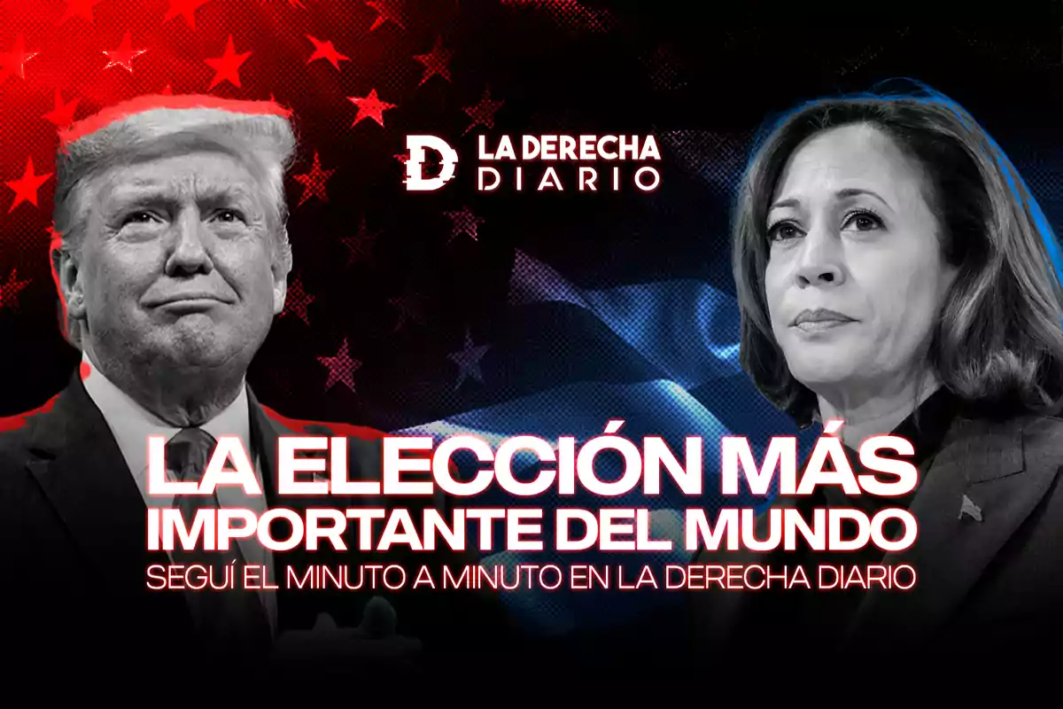 Dos personas en blanco y negro con un fondo de estrellas rojas y azules, junto al texto "La elección más importante del mundo" y "Seguí el minuto a minuto en La Derecha Diario".