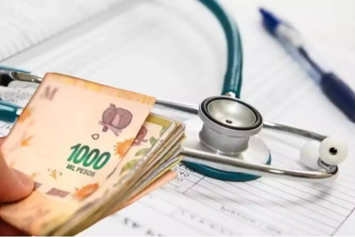 A stethoscope and a wad of bills on medical documents.