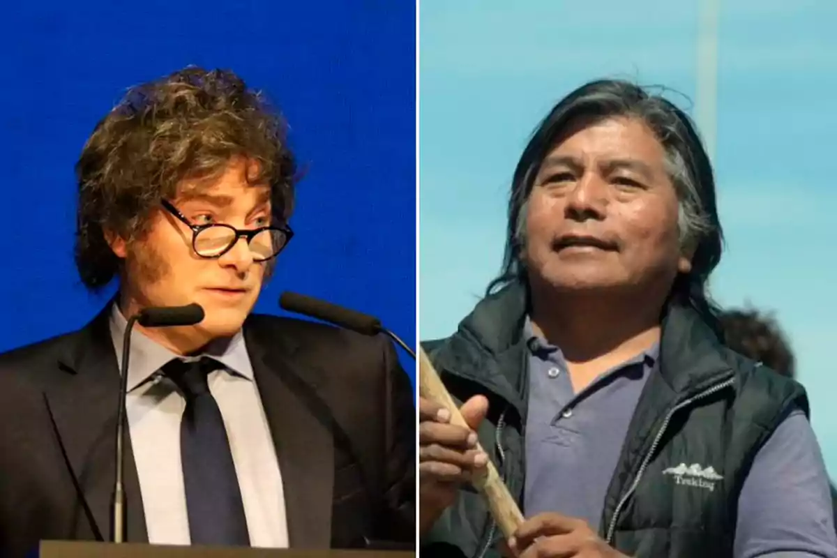 Dos hombres en una imagen dividida, uno con gafas y traje hablando en un micrófono y el otro con cabello largo sosteniendo un objeto al aire libre.