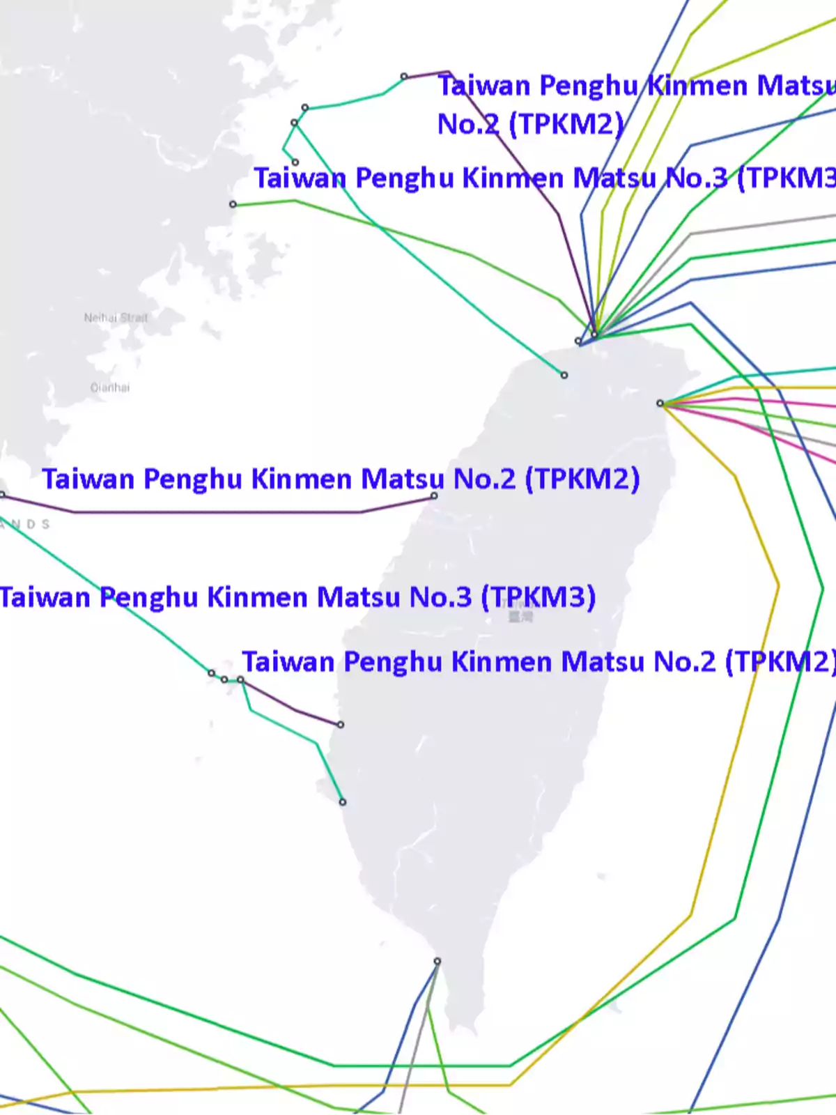 Mapa que muestra las rutas de cables submarinos cerca de Taiwán, destacando las conexiones Taiwan Penghu Kinmen Matsu No.2 y No.3.