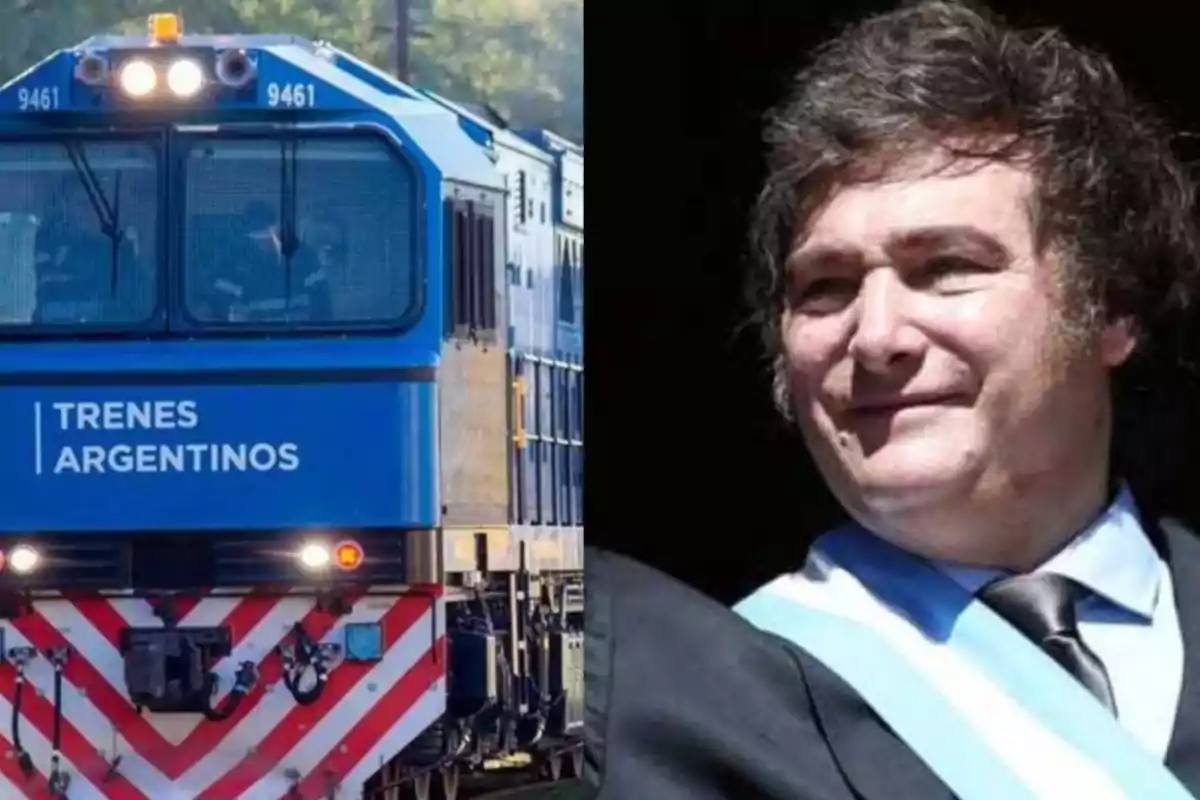 Un tren azul de Trenes Argentinos junto a un hombre con traje y banda presidencial.