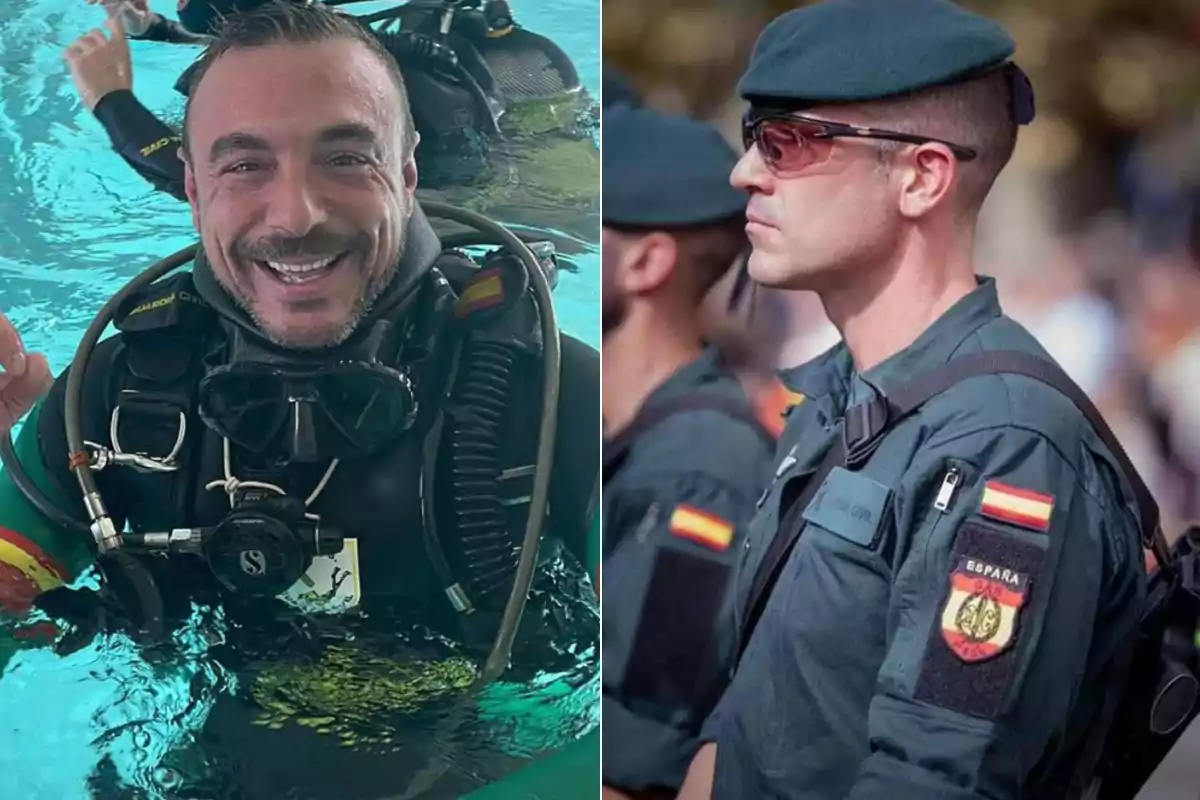 Dos imágenes de personas en uniforme, una de ellas en equipo de buceo y la otra en uniforme militar con boina y gafas de sol.