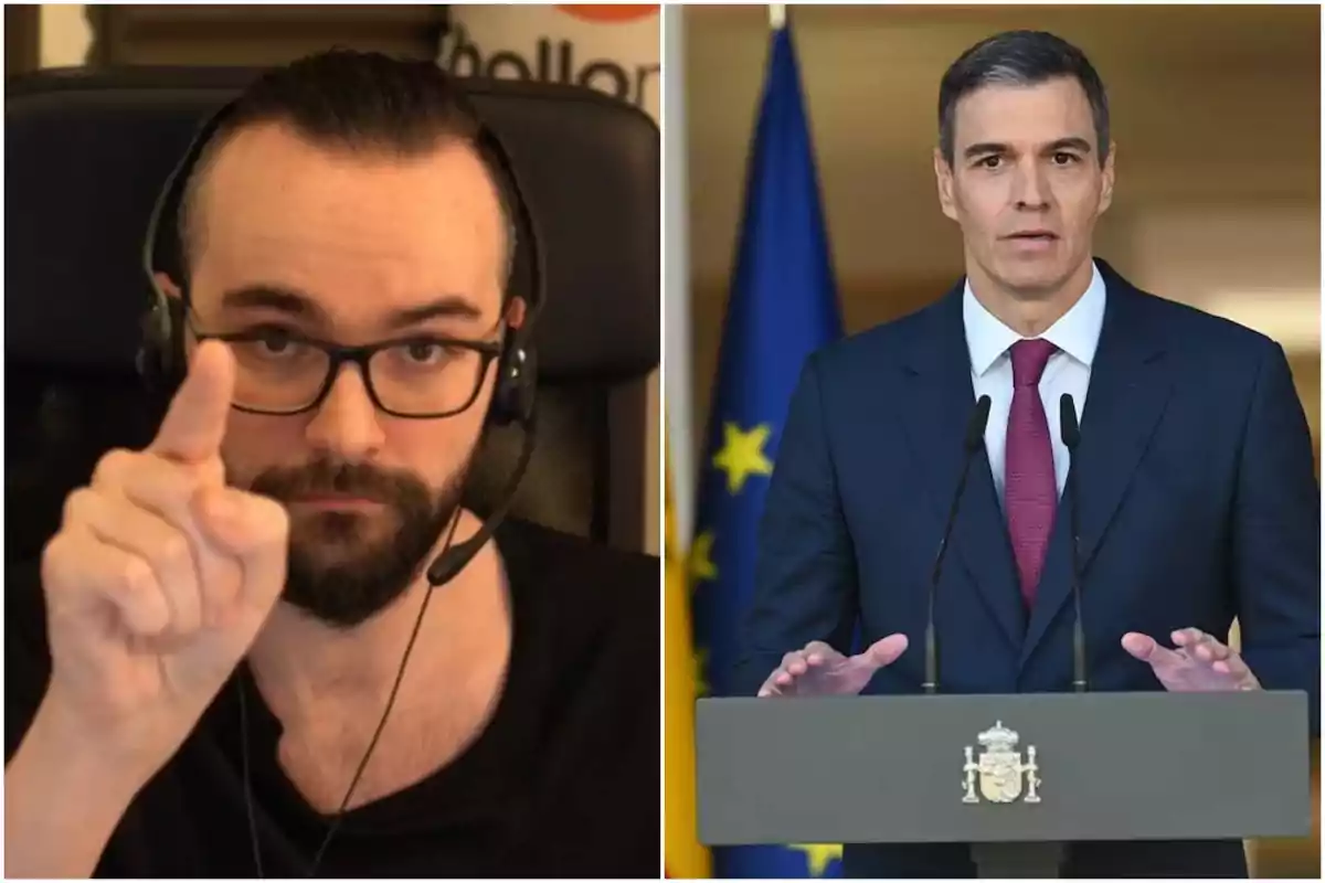 Dos hombres en una imagen dividida; el de la izquierda lleva auriculares y señala hacia adelante, mientras que el de la derecha está de pie frente a un podio con micrófonos y una bandera de la Unión Europea detrás.