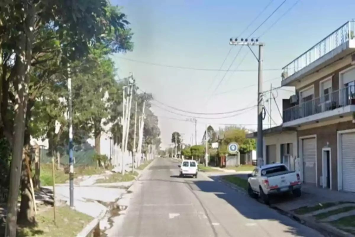 Calle urbana con árboles, postes de luz y vehículos estacionados.