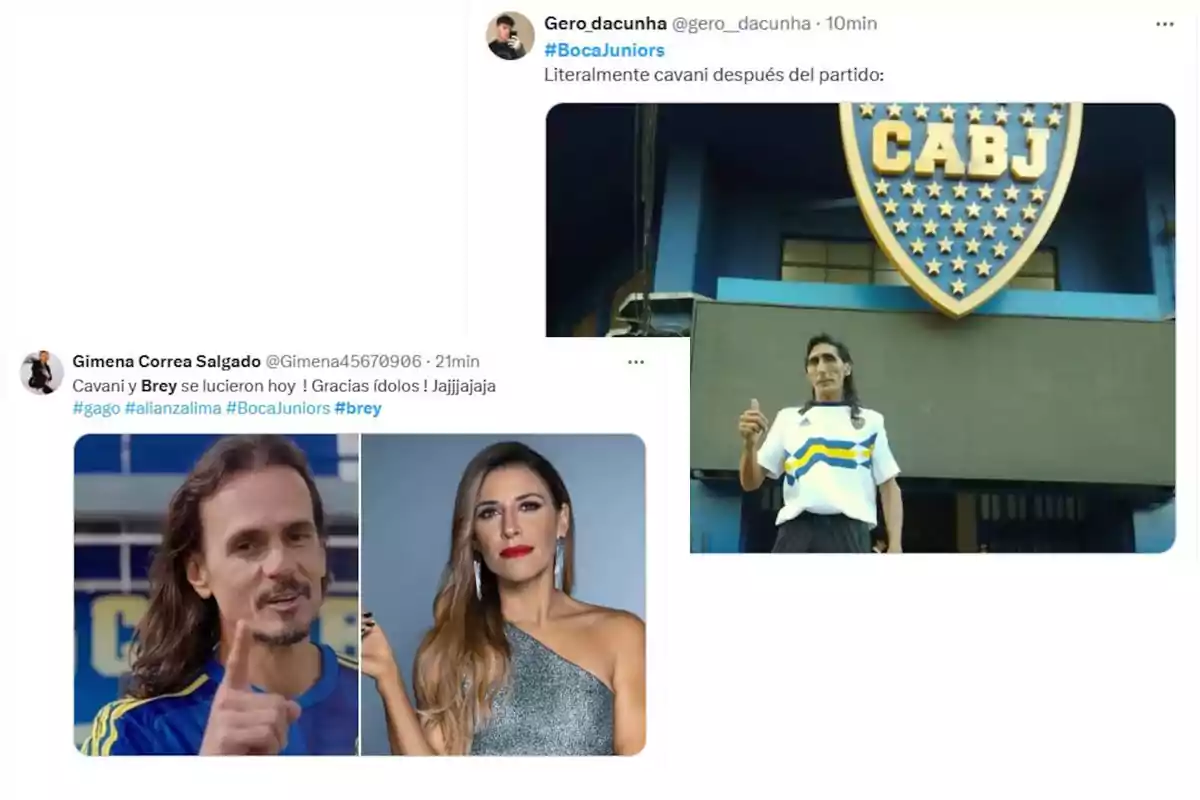 Dos publicaciones en Twitter sobre Boca Juniors, una muestra a un hombre con una camiseta del equipo frente al escudo del club y la otra incluye fotos de dos personas con comentarios sobre un partido reciente.