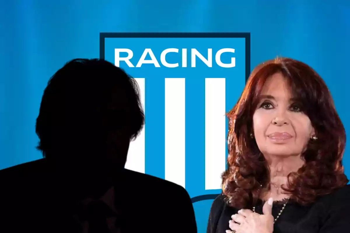 Una persona con el logo de Racing de fondo y otra persona en silueta.