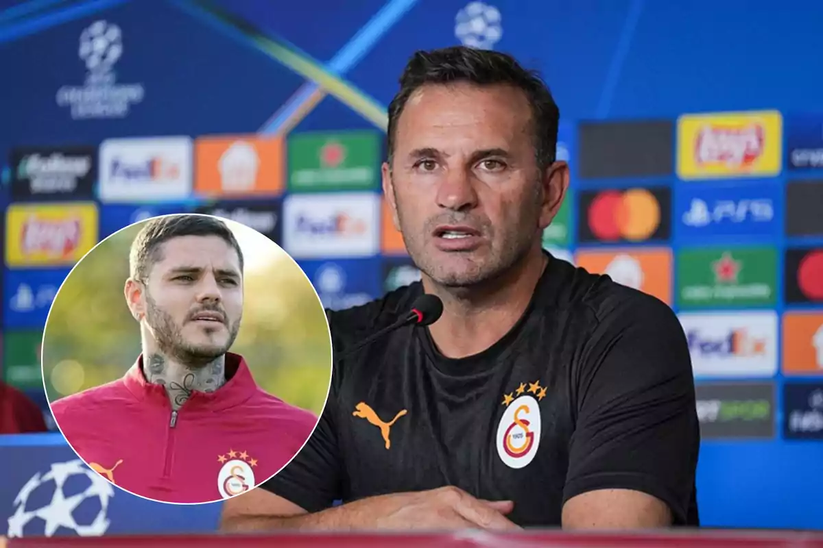 Un hombre en una conferencia de prensa con el logo de la Liga de Campeones de fondo y un recuadro de otro hombre con uniforme deportivo.