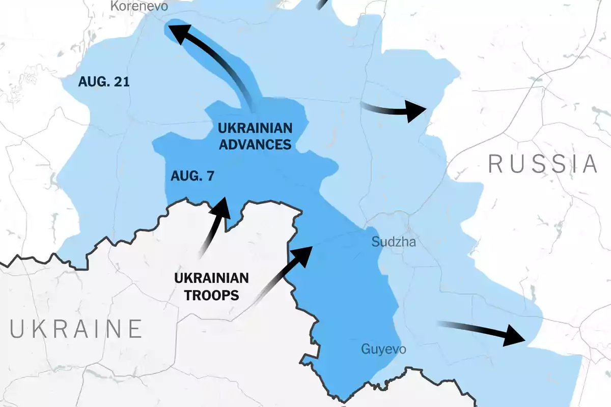 Mapa que muestra los avances ucranianos hacia Rusia con fechas y direcciones de movimiento.