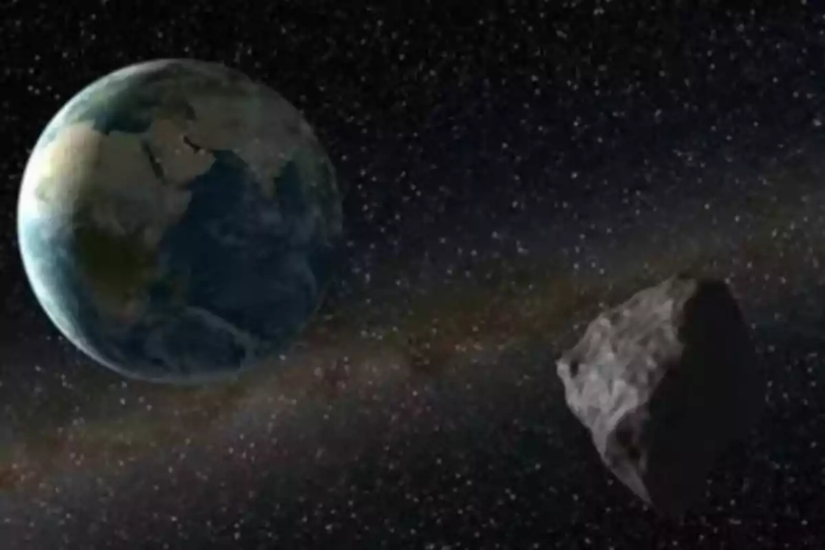 The image shows the asteroid 2024 YR4 passing close to Earth in space.