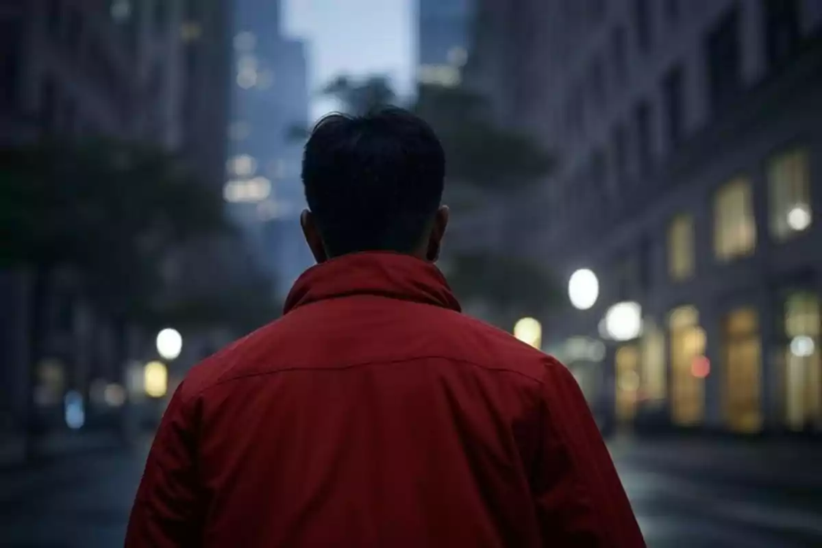 Persona de espaldas con chaqueta roja en una calle urbana al anochecer.