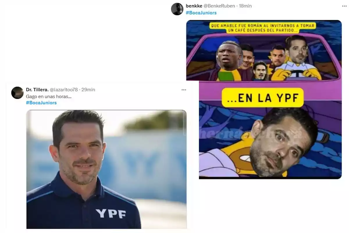 Dos publicaciones en Twitter relacionadas con Boca Juniors, una muestra a un hombre con una camiseta de YPF y la otra es un meme de Los Simpson con caras editadas y un texto sobre tomar café en una YPF.