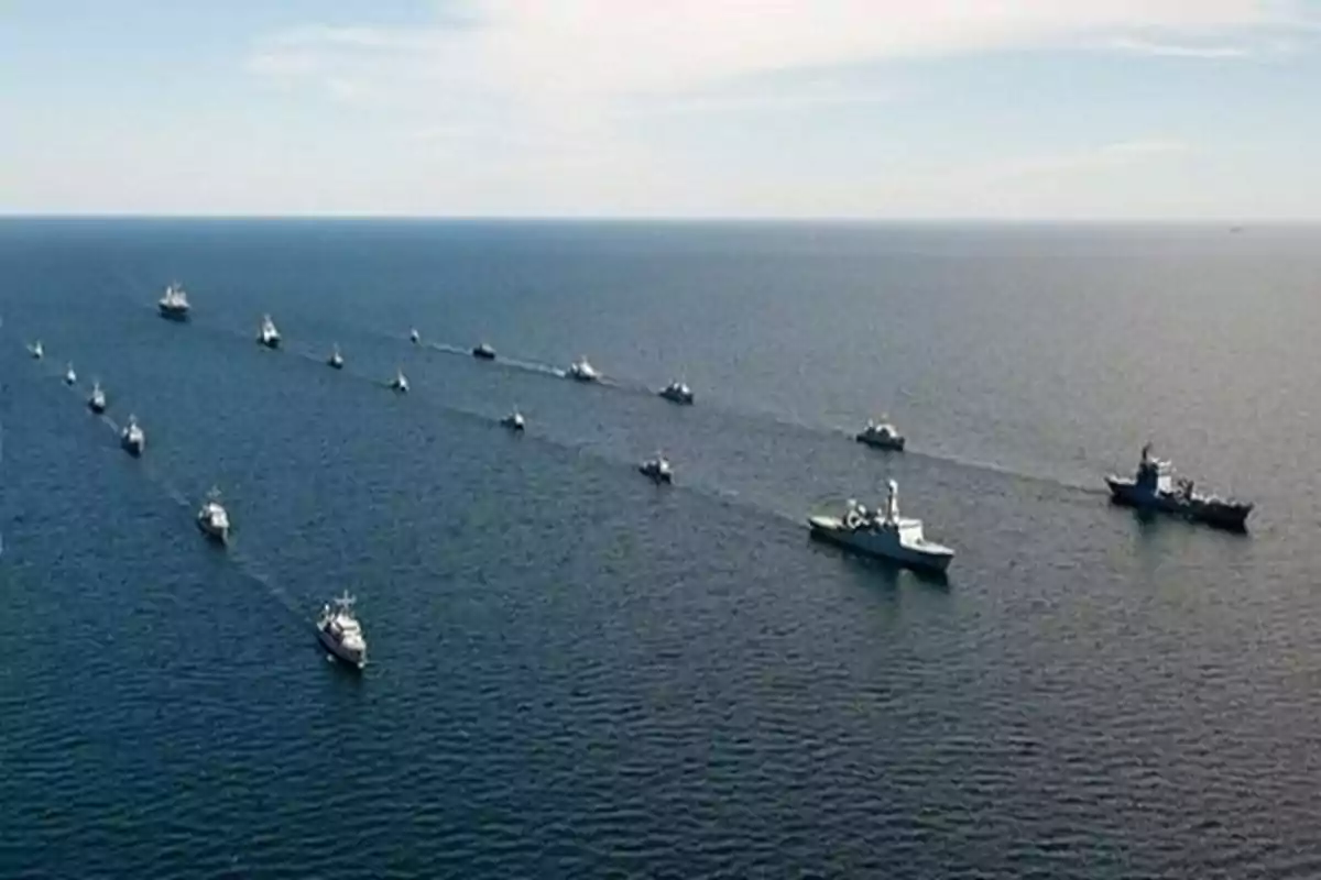 Una flota de barcos navegando en formación sobre un océano bajo un cielo despejado.