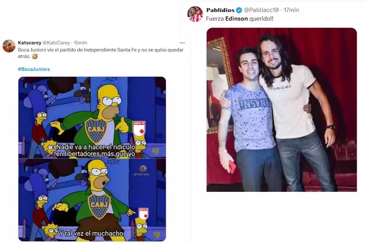 Dos publicaciones en redes sociales: una muestra un meme de Los Simpson con Homero y Bart, donde Homero lleva un escudo de Boca Juniors y Bart uno de Santa Fe, con un texto humorístico sobre la Copa Libertadores; la otra es una foto de dos personas abrazadas, acompañada de un mensaje de apoyo a Edinson.