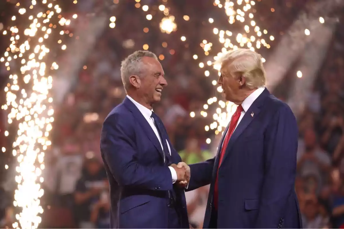 Two men in suits shake hands at an event with fireworks in the background.