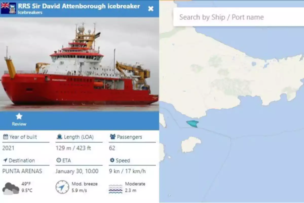 La imagen muestra un rompehielos rojo llamado RRS Sir David Attenborough con detalles técnicos como su año de construcción 2021, longitud de 129 metros, capacidad para 62 pasajeros, destino Punta Arenas, velocidad de 9 nudos y condiciones climáticas actuales.