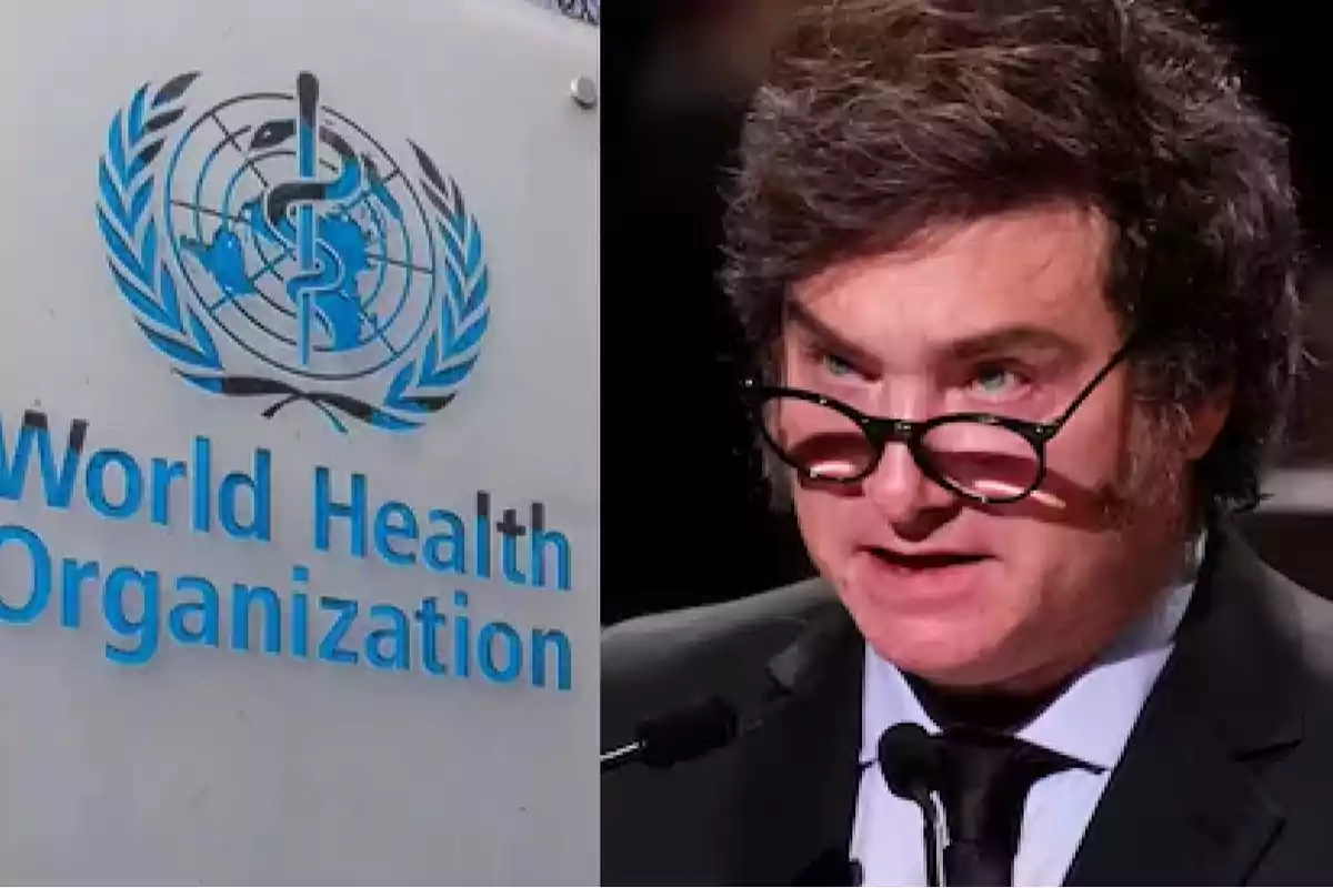 Un cartel de la Organización Mundial de la Salud junto a un hombre con gafas hablando en un micrófono.