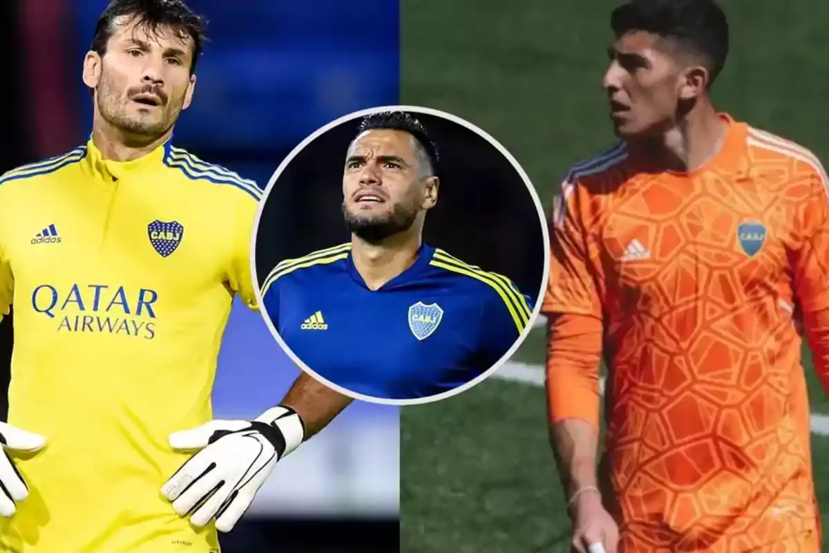 Tres jugadores de fútbol con uniformes de Boca Juniors, dos de ellos con camisetas de portero en colores amarillo y naranja, y uno en el centro con camiseta azul.