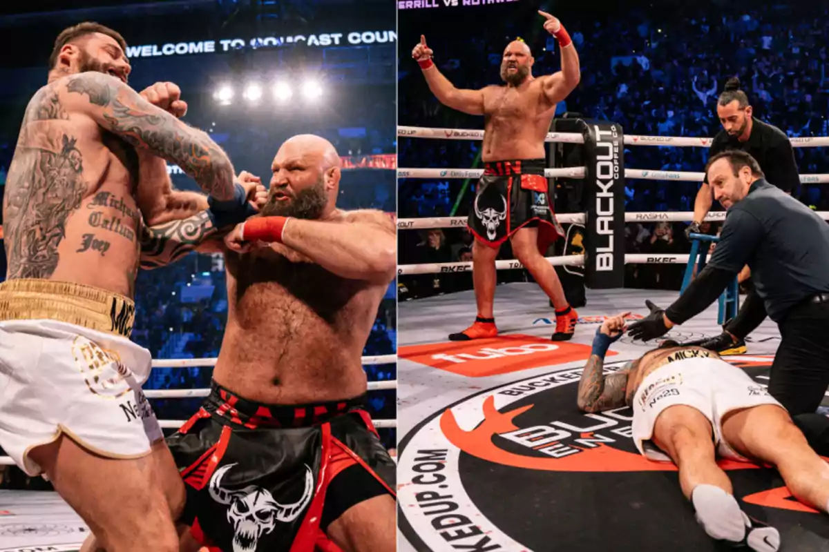 Dos imágenes de una pelea de boxeo sin guantes, en la primera se muestra a dos luchadores intercambiando golpes en el ring, y en la segunda uno de los luchadores está de pie celebrando mientras el otro está en el suelo siendo atendido por el árbitro.