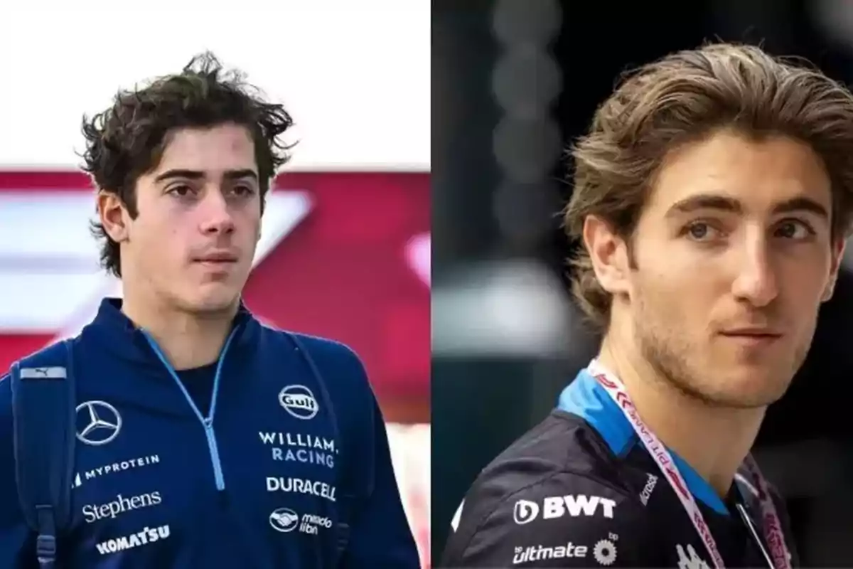 Dos hombres jóvenes con chaquetas deportivas, uno con chaqueta azul de Williams Racing y el otro con chaqueta negra de BWT.