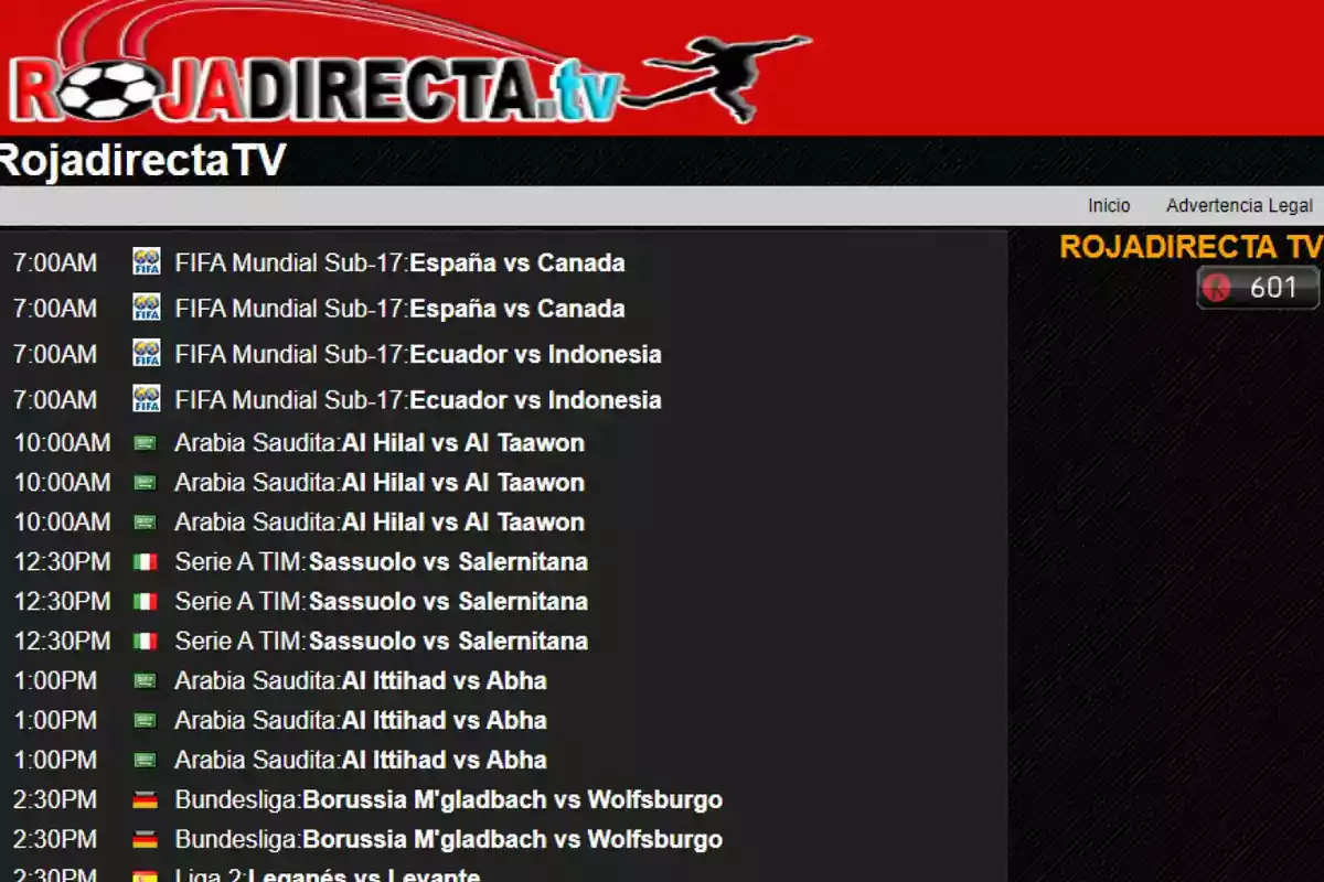 Imagen de la página RojaDirectaTV mostrando una lista de eventos deportivos programados, incluyendo partidos de fútbol del FIFA Mundial Sub-17, la liga de Arabia Saudita, la Serie A TIM de Italia, la Bundesliga y la Liga 2, con horarios y equipos enfrentándose.