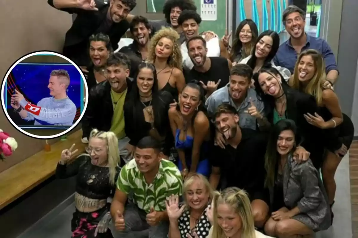 A group of people cheerfully posing for a photo, some sticking out their tongues and making funny faces, with an inset showing a person on a TV show.