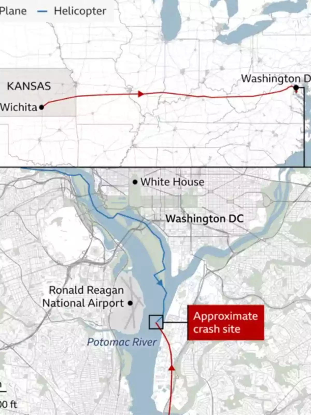 Mapa que muestra la ruta de un avión desde Wichita, Kansas, hasta Washington D.C., con un sitio de accidente aproximado cerca del río Potomac y el Aeropuerto Nacional Ronald Reagan.