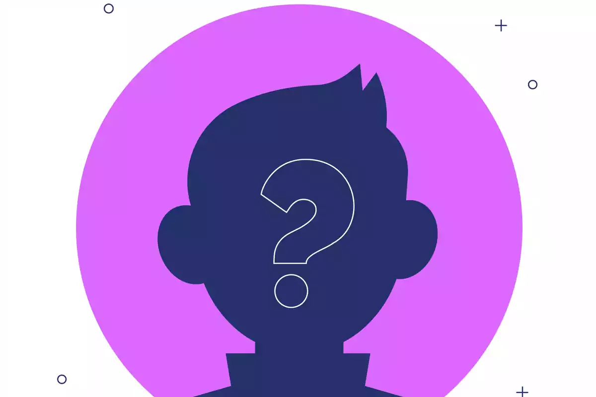 Silhouette of a person with a question mark on their face against a circular purple background.