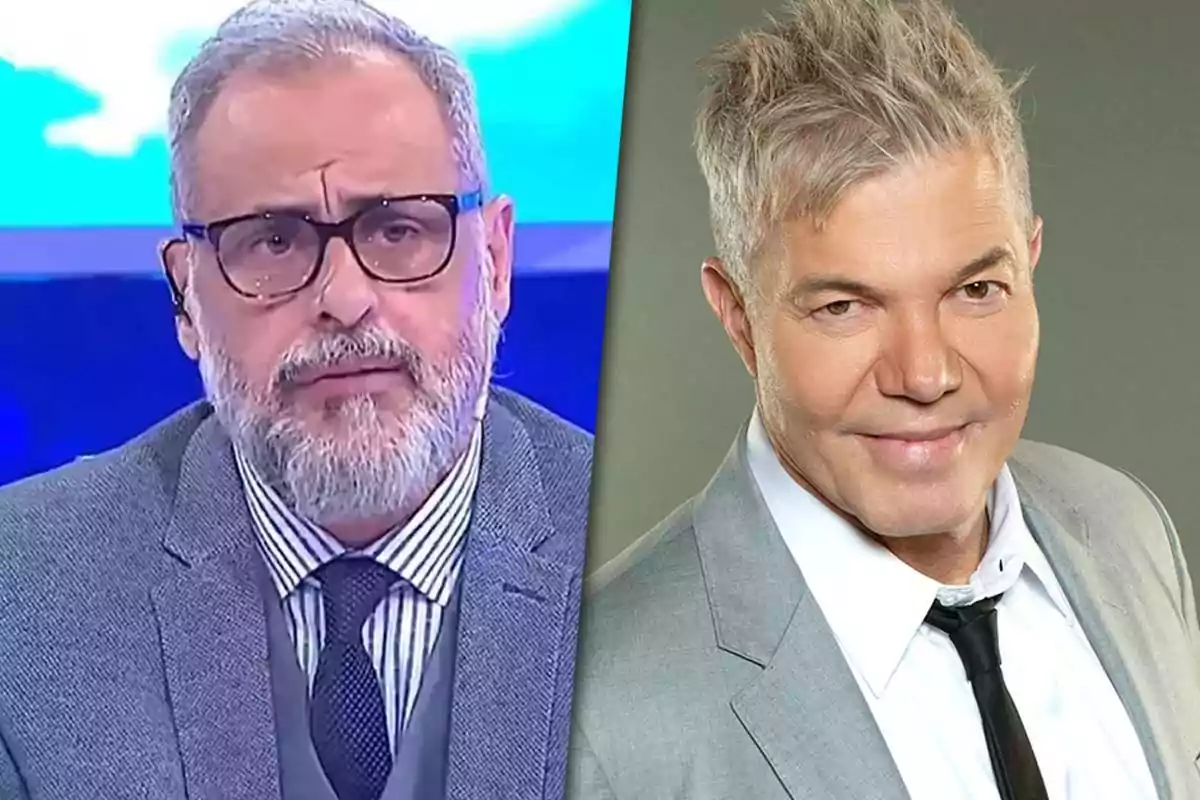 Two men in gray suits, one with a beard and glasses (Jorge Rial) and the other with gray hair (Fernando Burlando), pose in a photo montage.