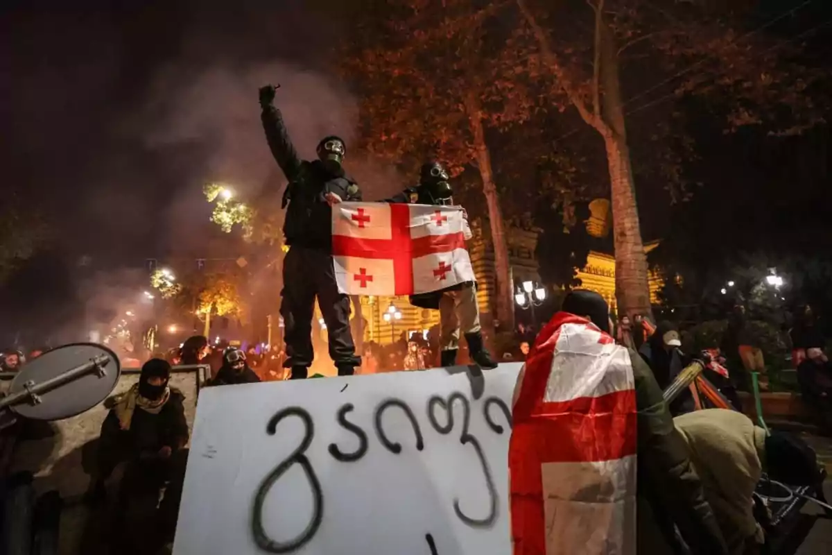 Personas con máscaras de gas sostienen una bandera en una protesta nocturna con humo y árboles de fondo.