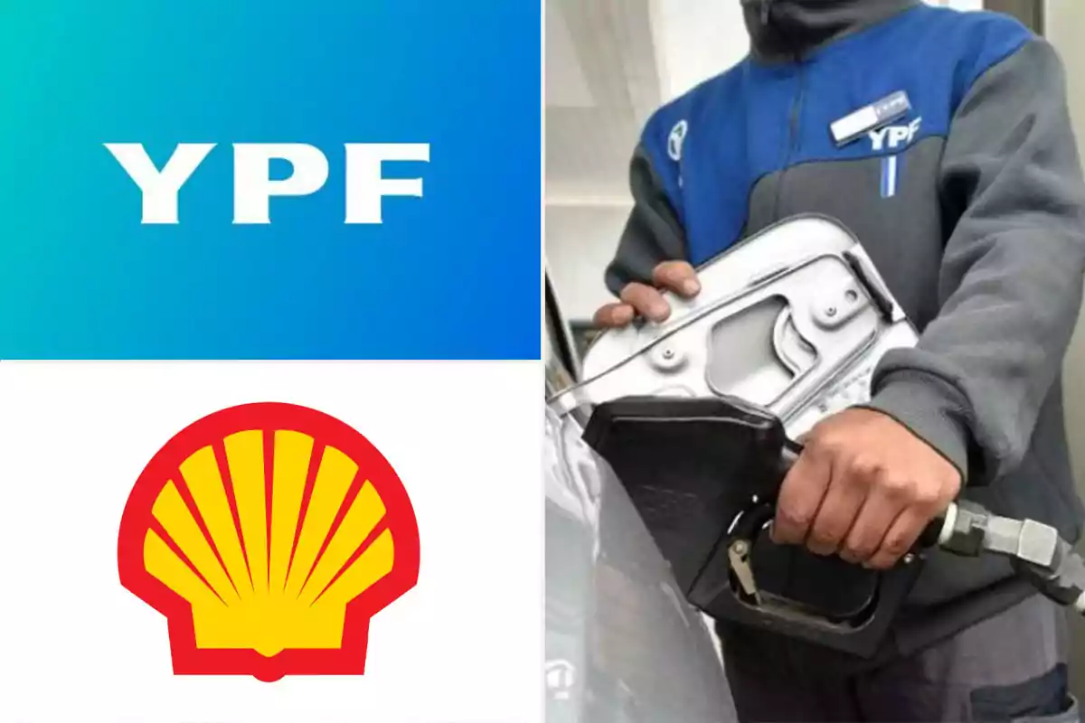 Logos de YPF y Shell junto a una persona cargando nafta con una manguera de combustible.