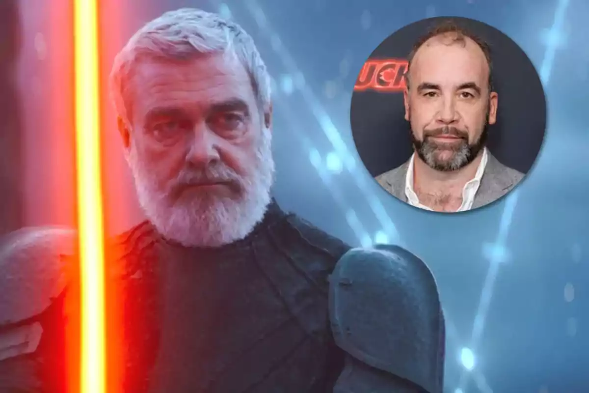 Ray Stevenson interpretando a Baylan Skoll con barba blanca sostiene un sable de luz rojo, con un recuadro que muestra a Rory McCann, actor de Game of Thrones.