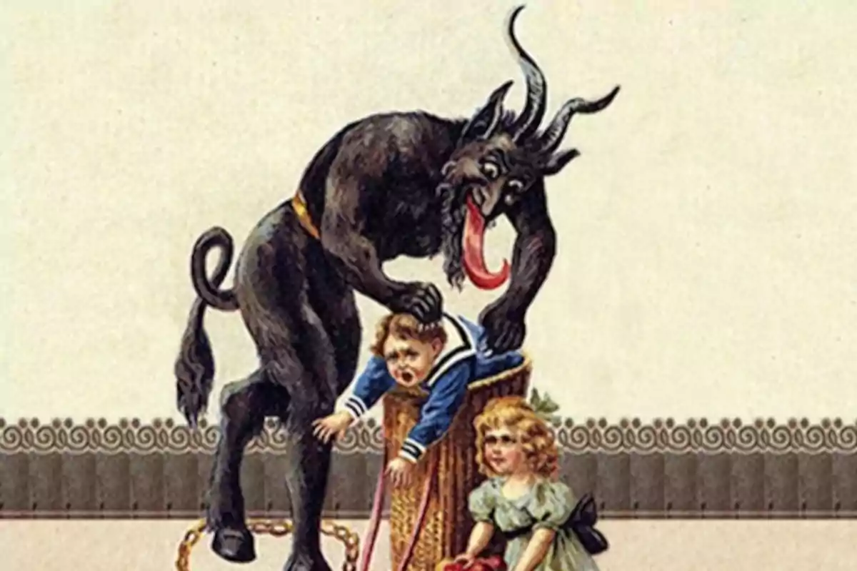 Una criatura con cuernos y lengua larga sostiene a un niño mientras una niña observa. Tradición navideña en Alemania: Krampus