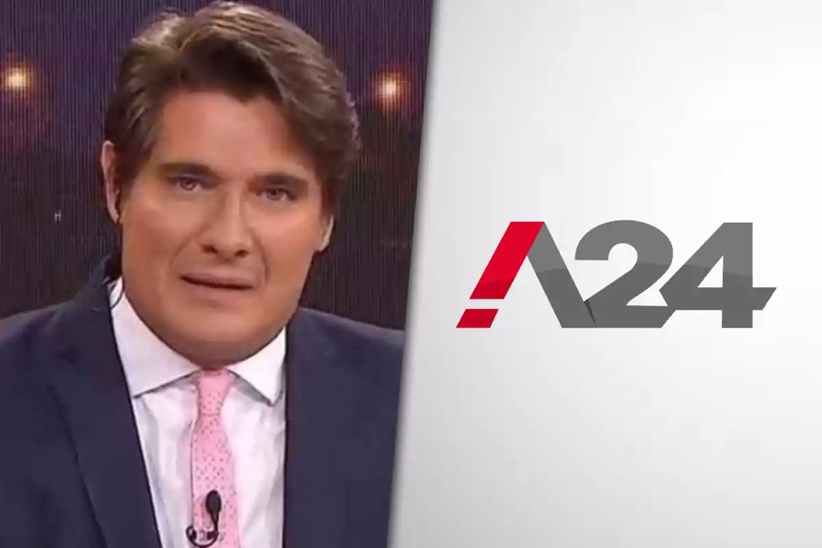 Guillermo Andino, presentador de noticias con traje y corbata rosa aparece junto al logotipo de A24 en un fondo dividido.