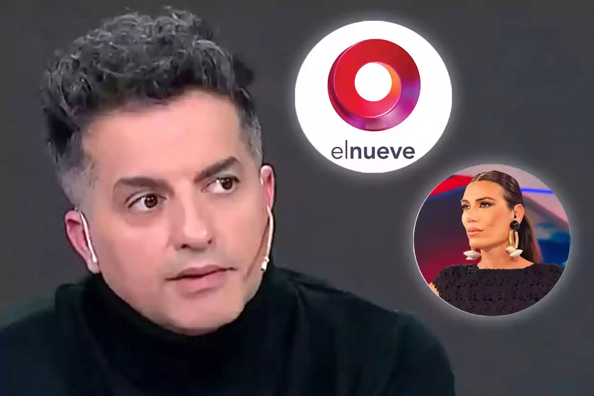 Ángel de Brito con auriculares y un micrófono aparece en primer plano, con el logo de "elnueve" y una imagen de Florencia de la V en un círculo en el fondo.