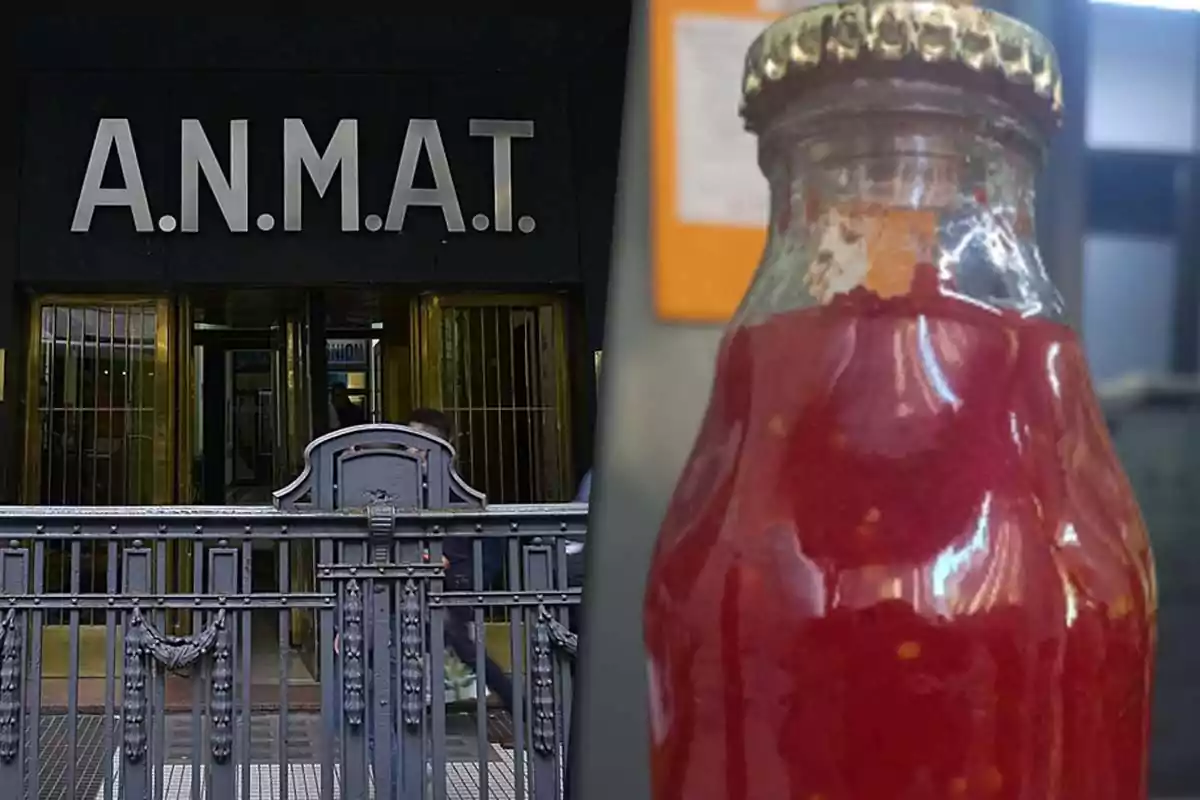 La imagen muestra la entrada de un edificio con el letrero "A.N.M.A.T." a la izquierda y una botella de vidrio con contenido rojo a la derecha.