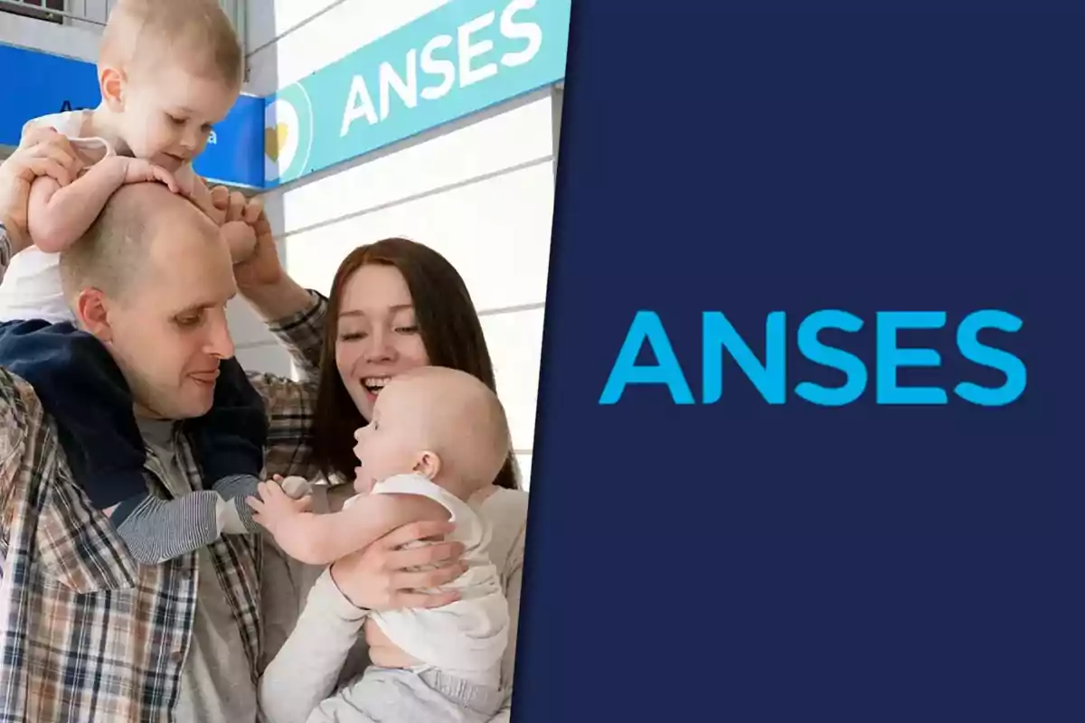 A smiling family with two small children in front of an ANSES sign.