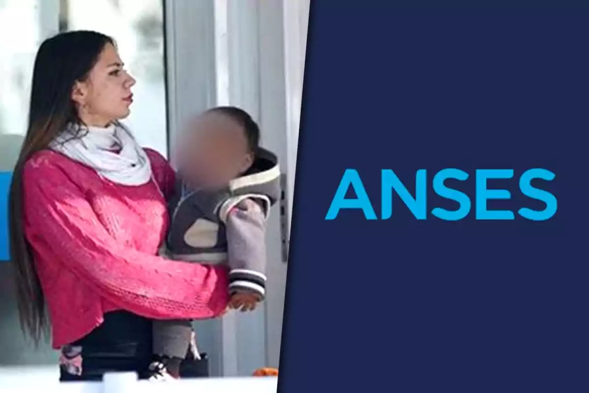 A woman in a pink sweater holds a small child in front of a building, next to the ANSES logo.