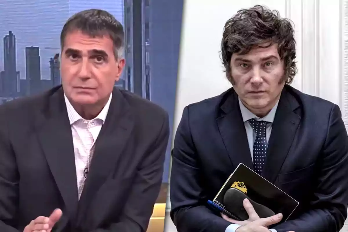 Dos hombres en trajes formales, uno en un estudio de televisión (Antonio Laje) y el otro en una oficina (Javier Milei), ambos con expresiones serias.