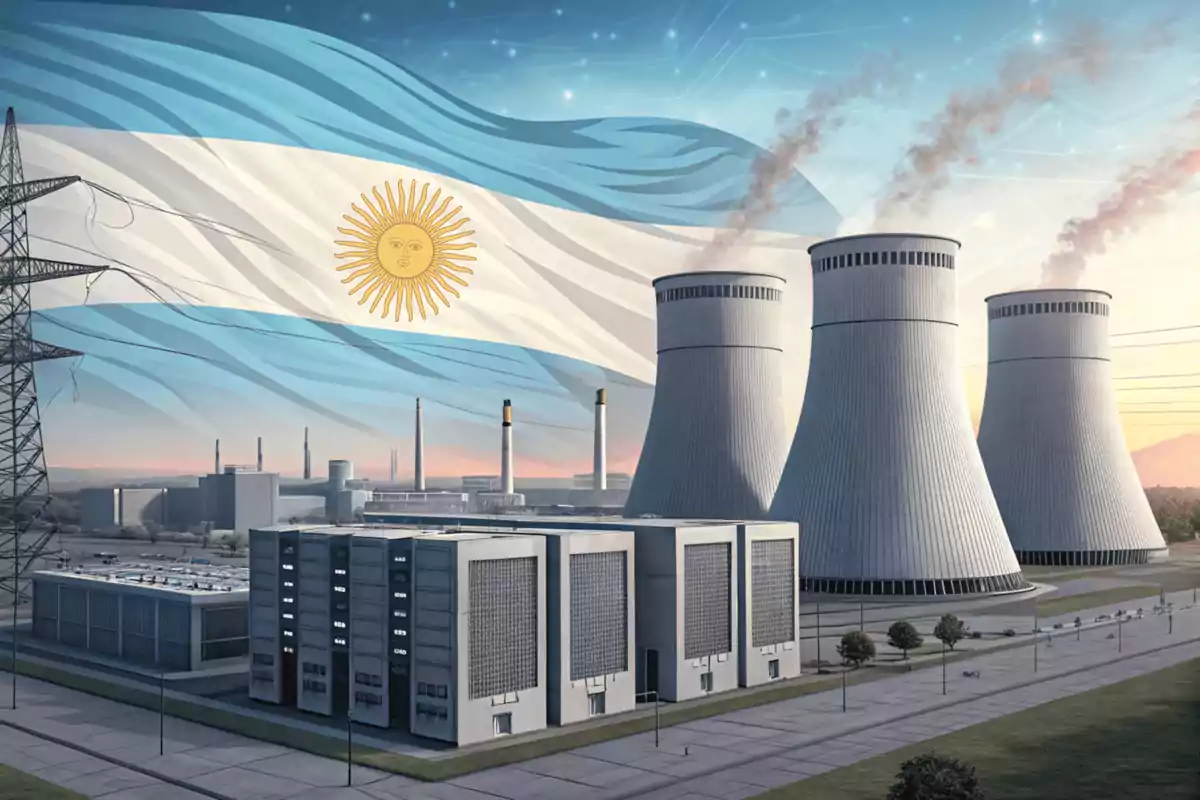 Central nuclear con torres de enfriamiento y la bandera de Argentina ondeando en el cielo.